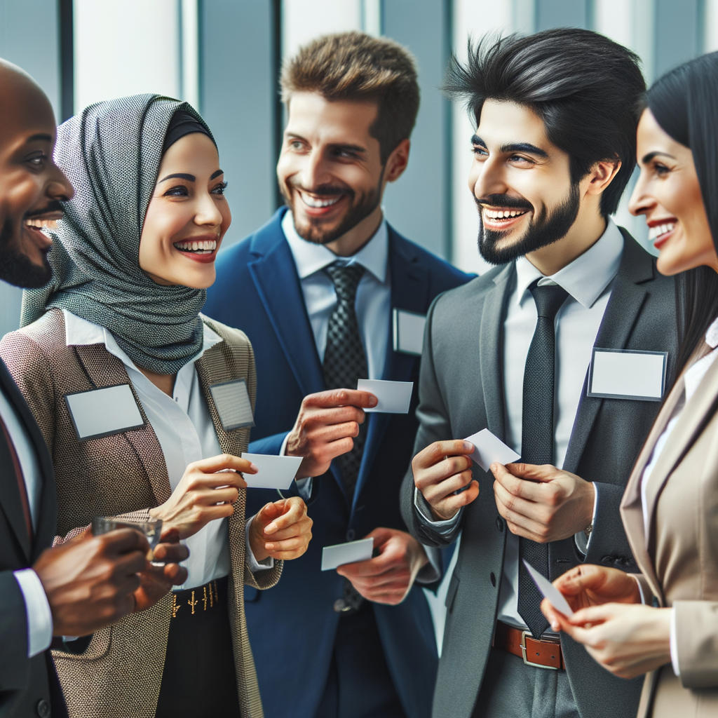 Diverse professionals actively networking, exchanging business cards and ideas, demonstrating effective professional networking strategies and skills enhancement for career growth and business networking improvement.
