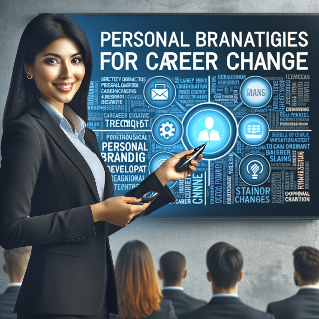 Professional woman presenting personal branding strategies for career change, highlighting techniques for personal brand development and career shift strategies.