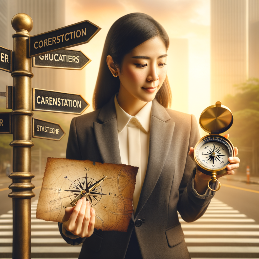 Businesswoman confidently navigating career transition at crossroads with compass and map, symbolizing effective career change guidance and efficient career shift strategies
