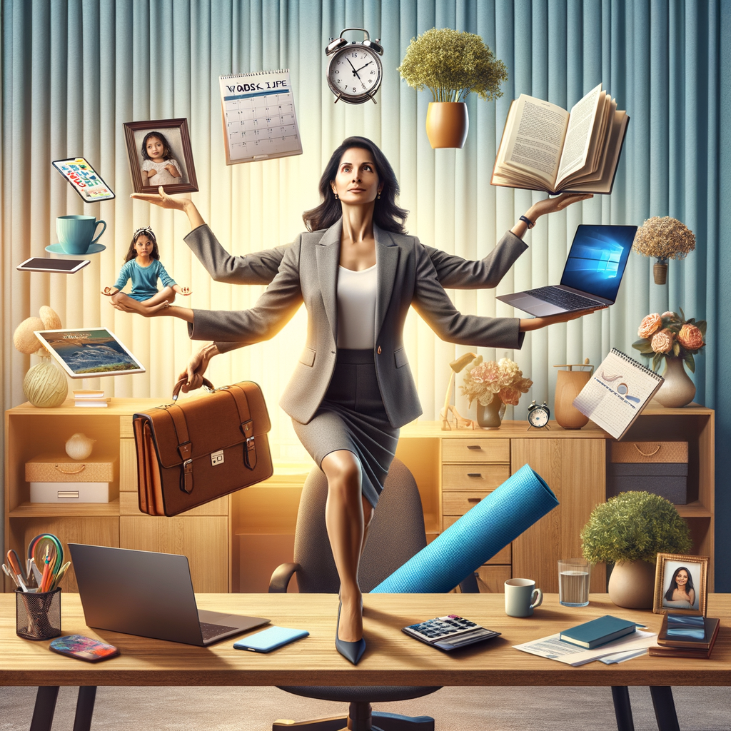 Professional woman effectively balancing work and personal life elements in a well-organized home office, demonstrating strategies for maintaining a healthy work-life integration and the benefits of work-life balance.
