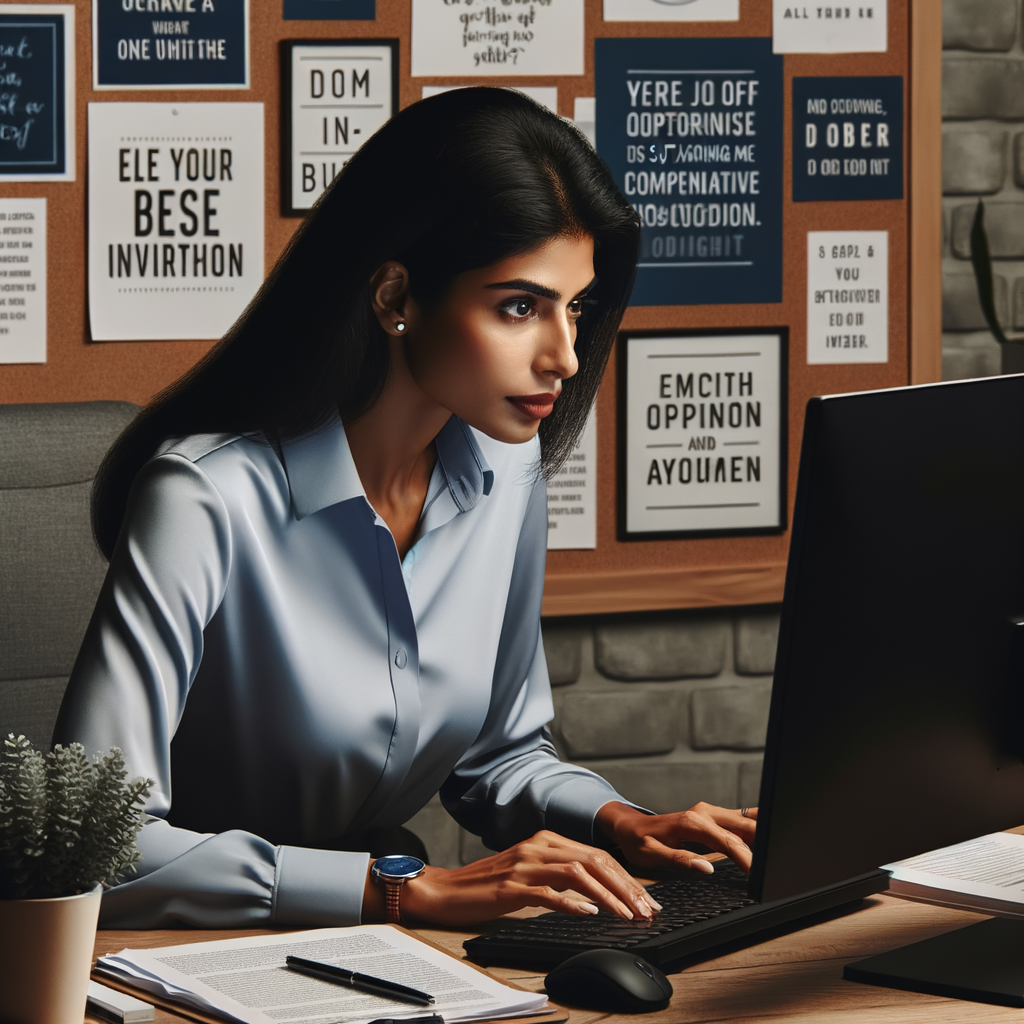 Determined professional woman maintaining motivation during job search, staying focused on job listings on her computer, surrounded by motivational quotes and a vision board.