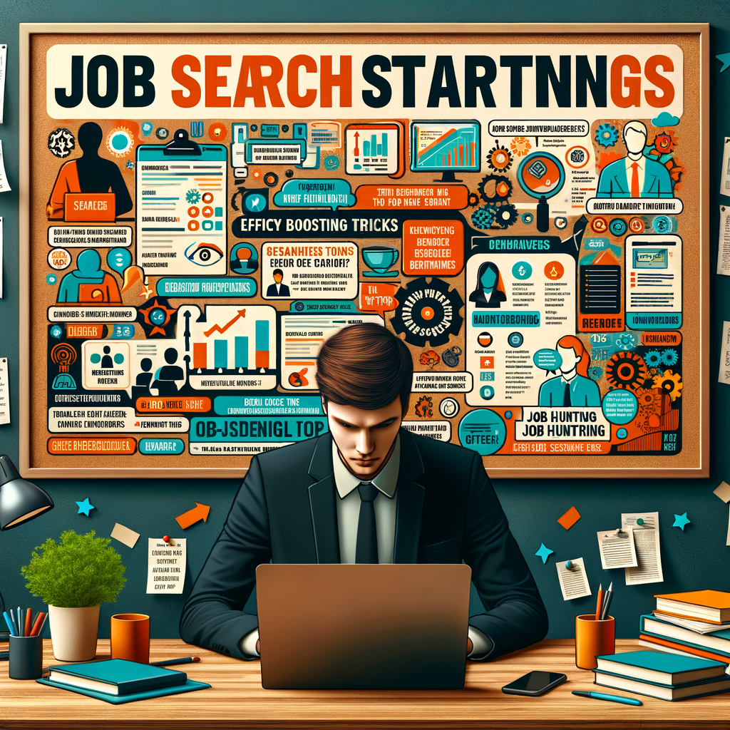Beginner job seeker studying effective job hunting techniques and entry-level job search strategies on a laptop, with a bulletin board of notes for successful job search in the background.