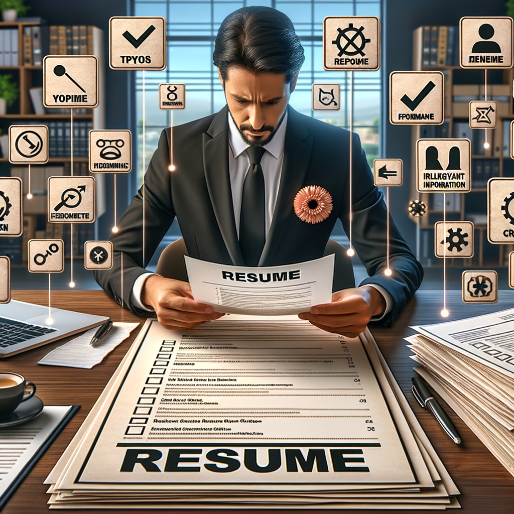 Professional scrutinizing a resume highlighting common mistakes and providing resume writing tips for avoiding errors, demonstrating how to write a good resume and avoid common CV pitfalls.