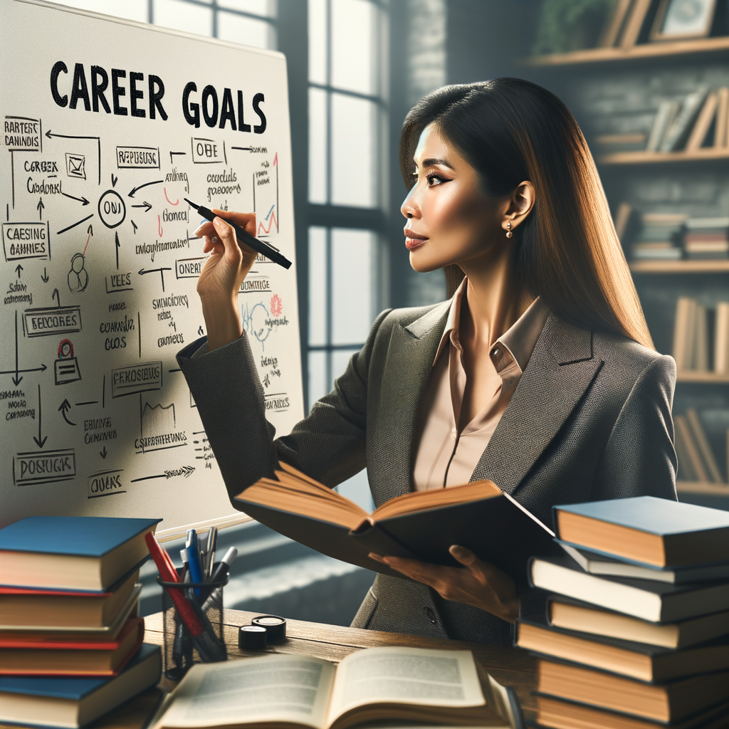 Focused individual strategically writing convincing career goals on a whiteboard, surrounded by books on effective career goal writing strategies for career advancement.