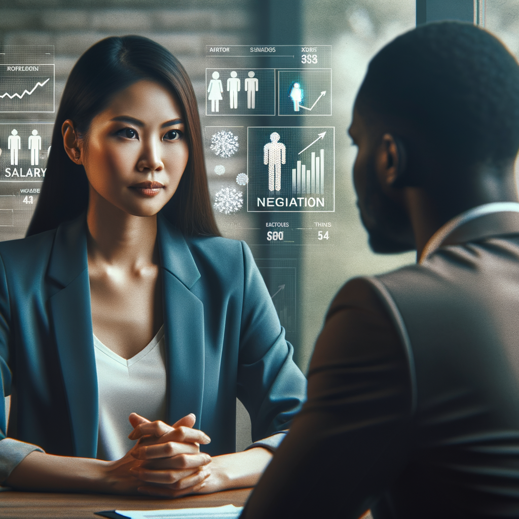 Job applicant confidently negotiating salary during job interview with potential employer, with salary negotiation strategies and job search tips visible in the background.