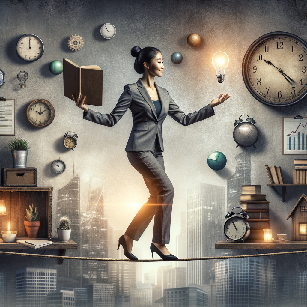Professional woman balancing on a tightrope, juggling symbols of personal growth and career advancement, illustrating the balance between personal life and professional development.