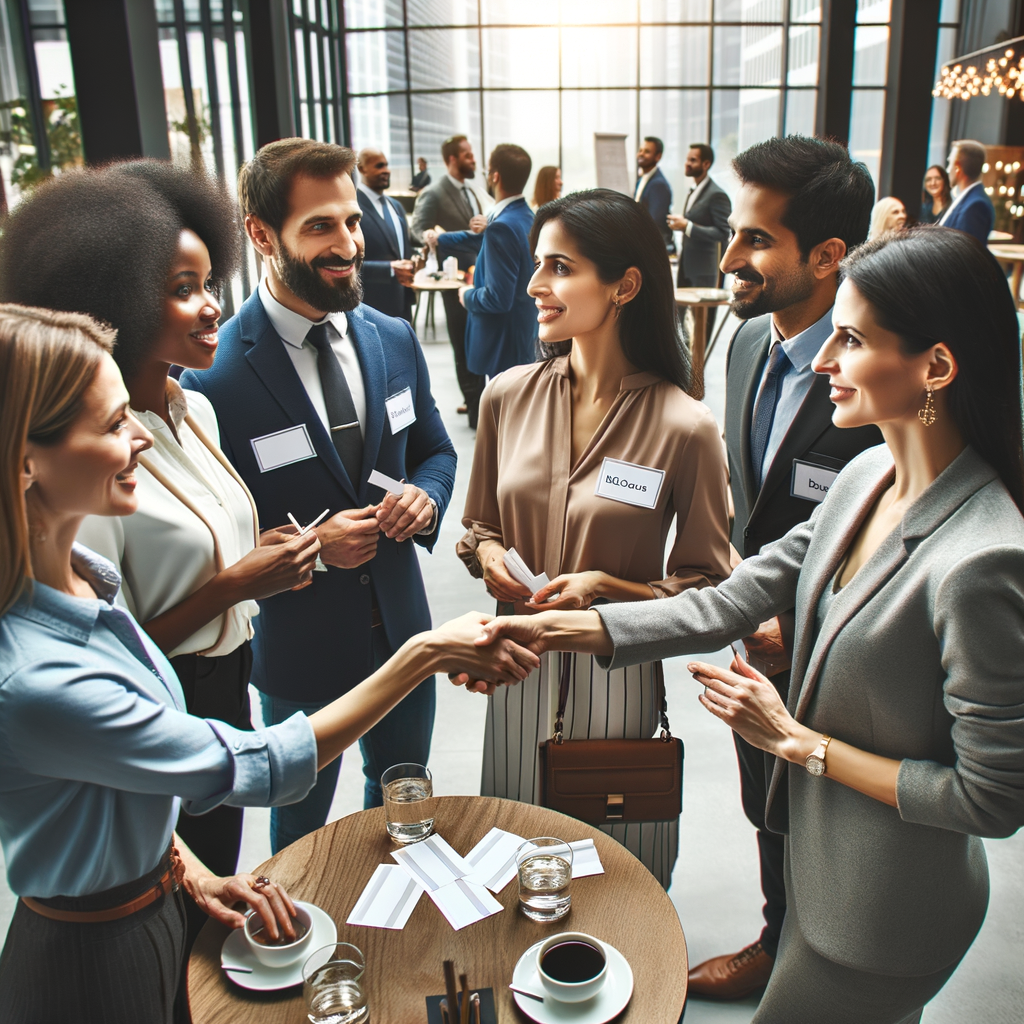 Diverse professionals engaging in networking event, exchanging business cards and discussing career development strategies, highlighting the importance of networking in career growth and advancement.