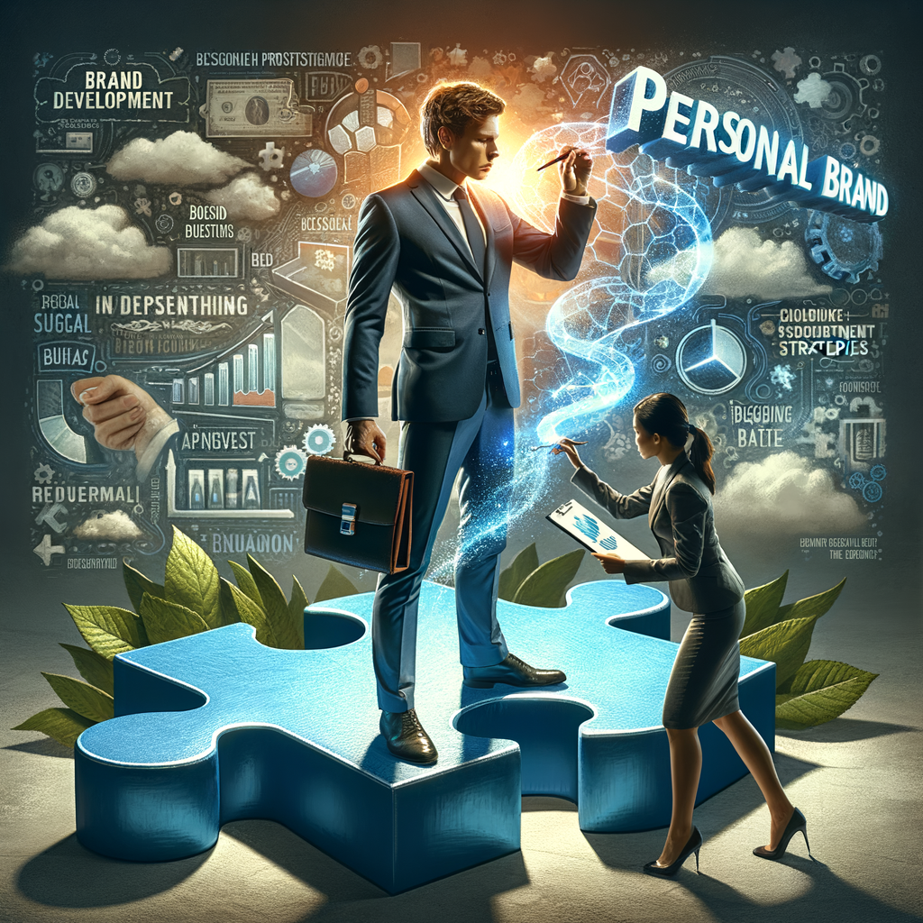 Business professional confidently building a 3D model of personal brand atop a puzzle piece symbolizing business world, demonstrating personal branding techniques, brand building strategies and enhancing personal brand in business world.