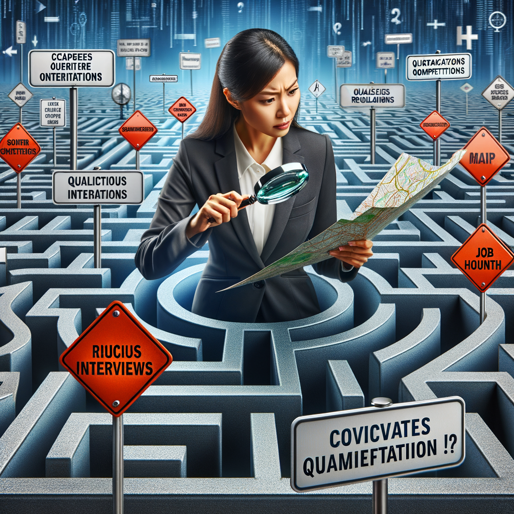 Professional individual overcoming job search challenges and employment barriers using strategies and tactics for job hunting in a complex maze, symbolizing job search difficulties and solutions to job search problems.