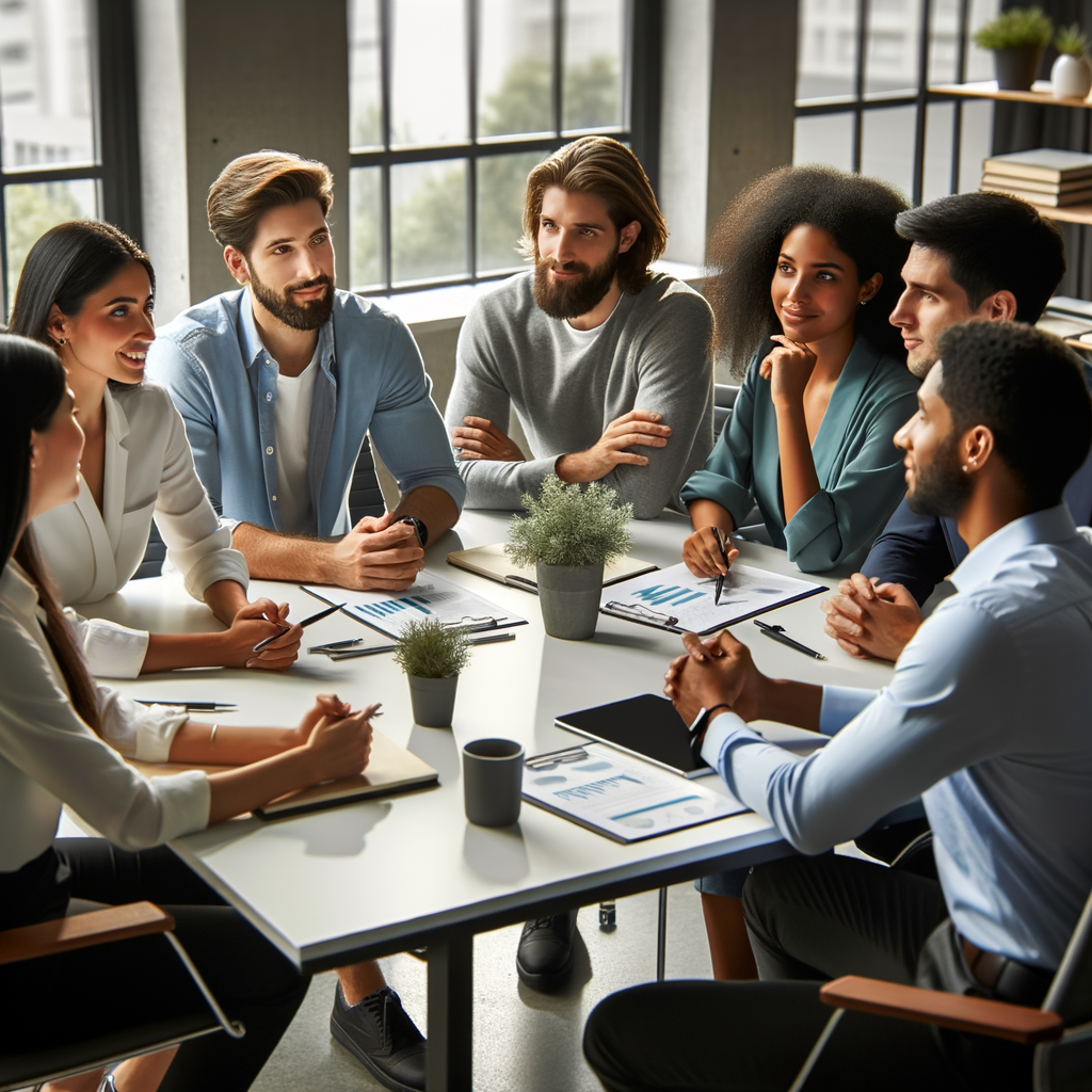 Diverse team practicing workplace conflict resolution strategies such as open dialogue and active listening during a meeting, effectively managing office disputes and resolving work conflicts.